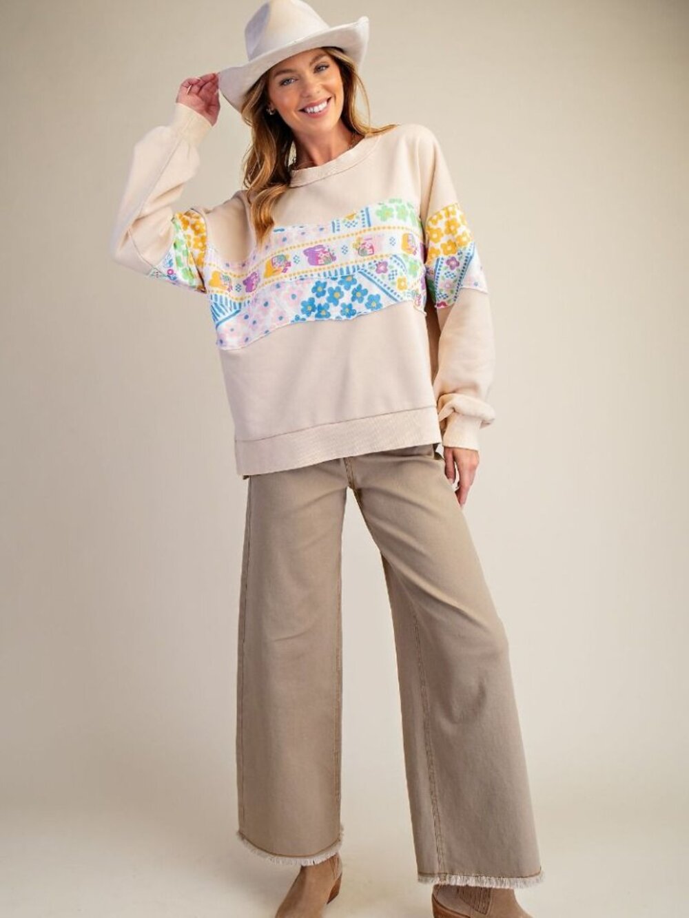 Easel Floral Patchwork Mineral Wash Pullover
